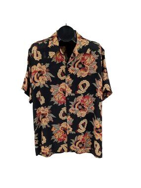 Vtg Avanti Hawaiian Silk Camp Shirt Button Up Floral Guitar Y2K Tropical Large